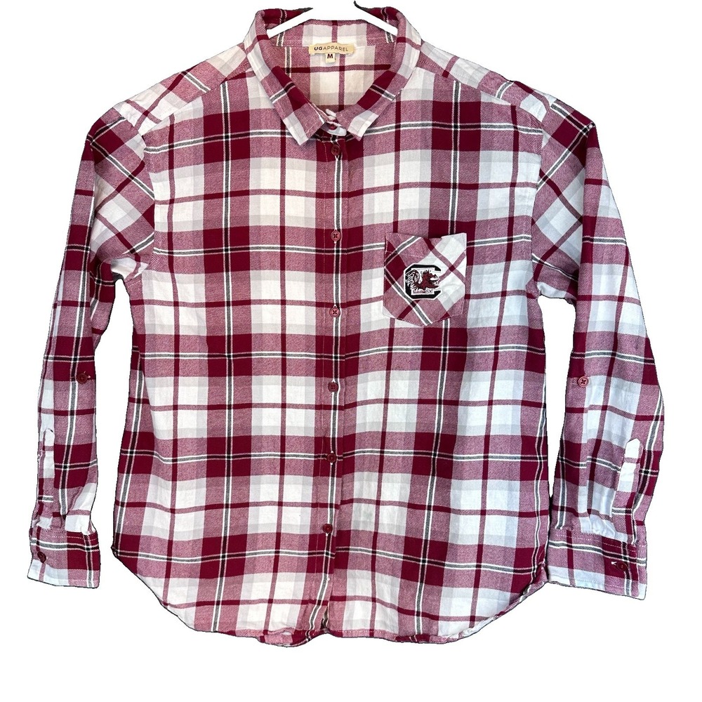 SC Gamecock Women's Plaid Button Up Shirt Cream & Burgundy Flannel M UG Apparel